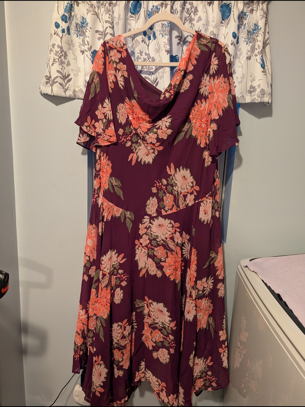 Roaman's Plum Floral Cowl Neck Midi Dress with Coral Accents